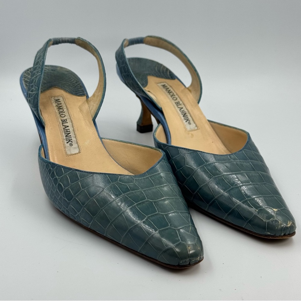 Manolo Blahnik Teal Crocodile Sling Backs Size 38.5